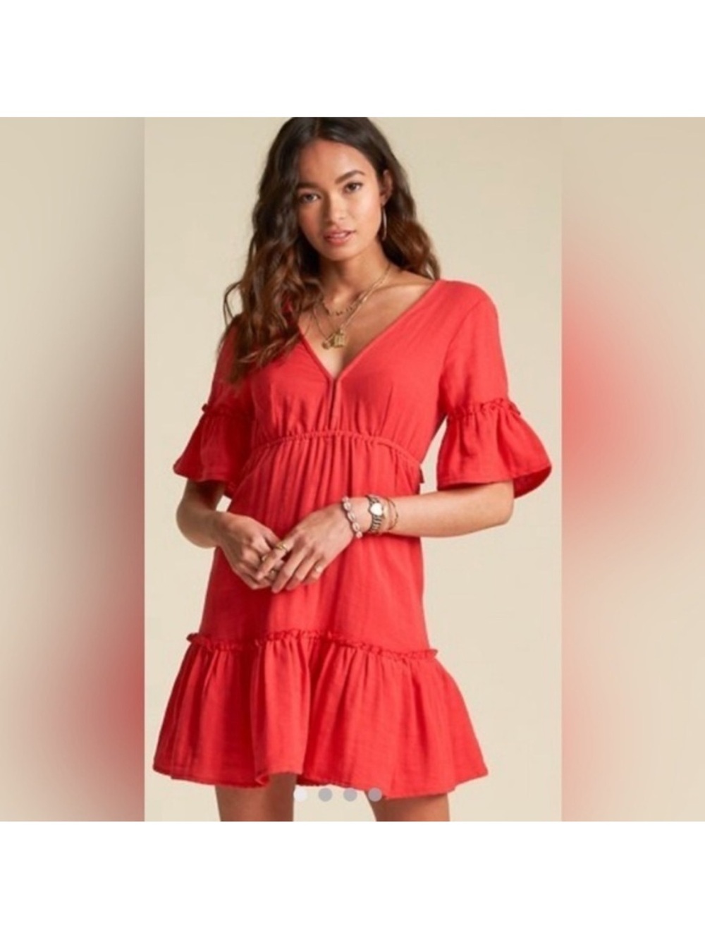 Billabong Sincerely Jules Red V-Neck Tiered Mini Dress